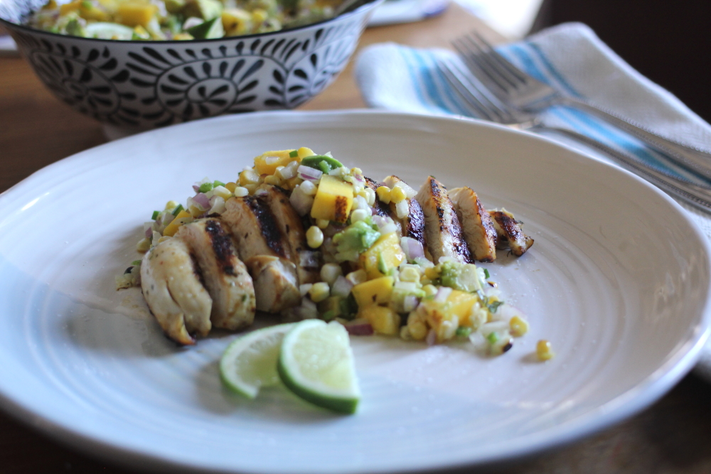 Margarita-Marinated Chicken with Grilled Mango, Avocado and Corn Salsa www.juliemiguel.com